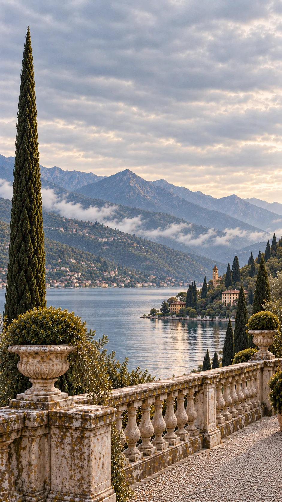 Una terrazza sul Lago di Como: la balaustra di pietra, i vasi, un cipresso, il lago e le montagne.