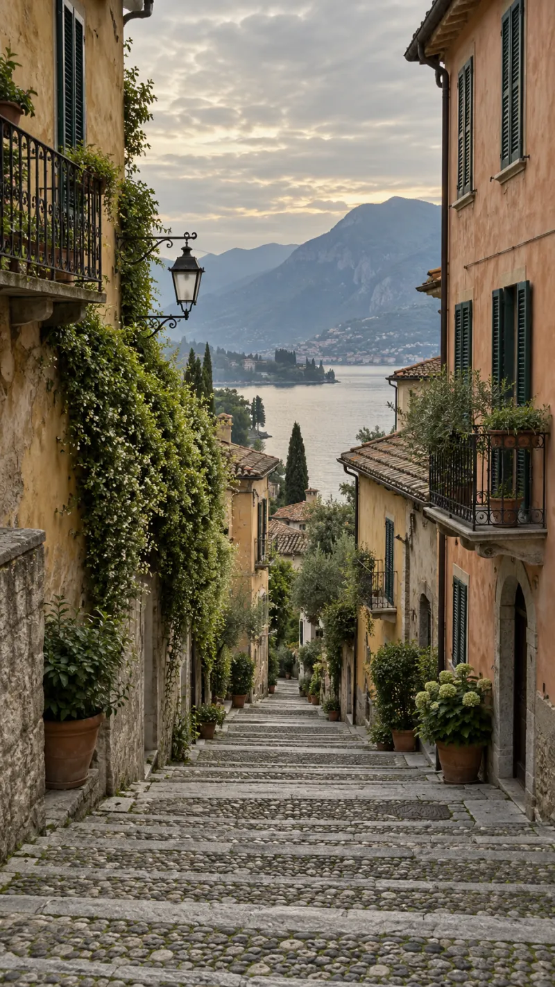 Una salita di Bellagio: gradini di pietra tra case color ocra, il lago in fondo.