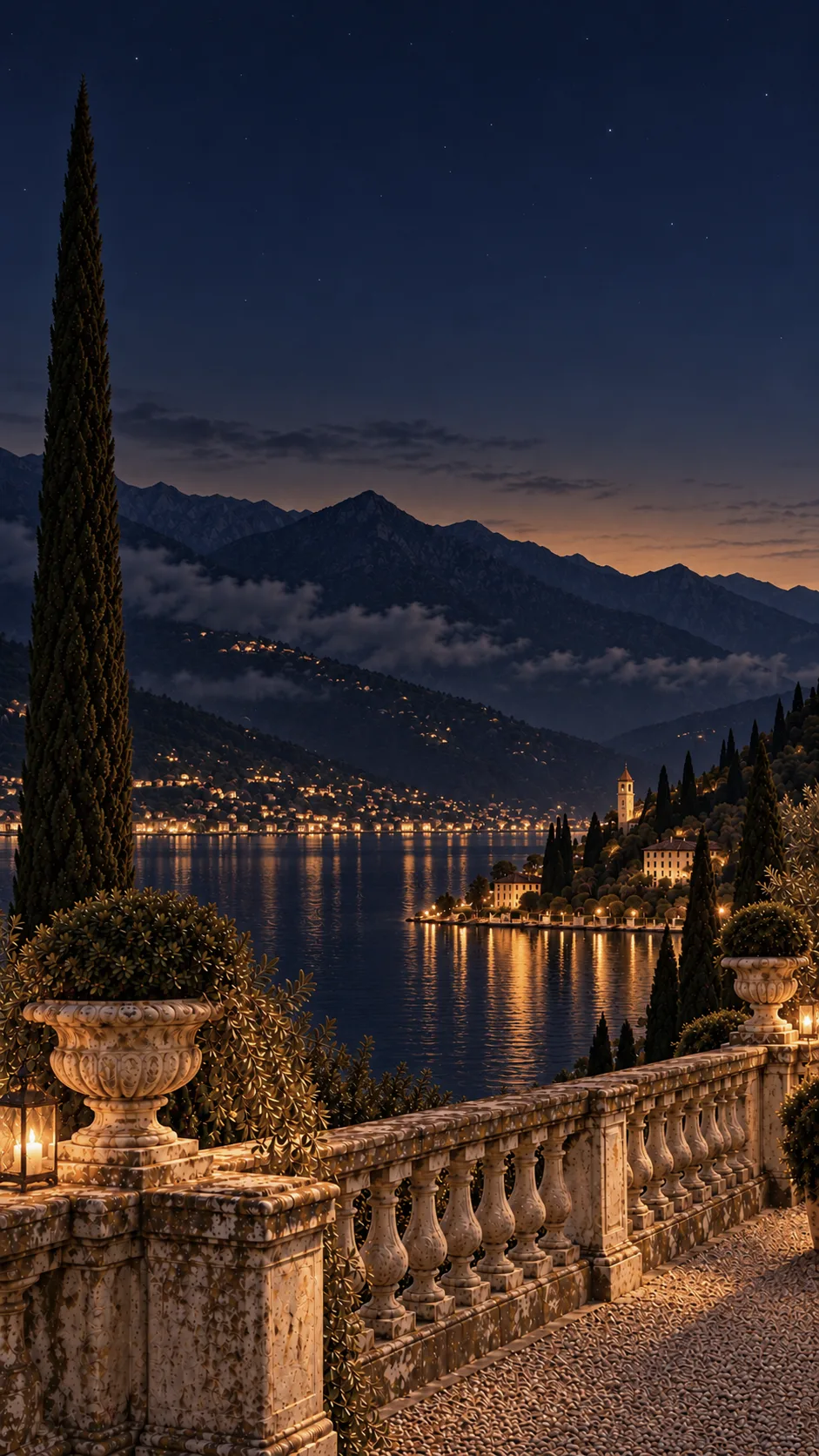 La stessa terrazza di notte, con le luci accese sul lago.